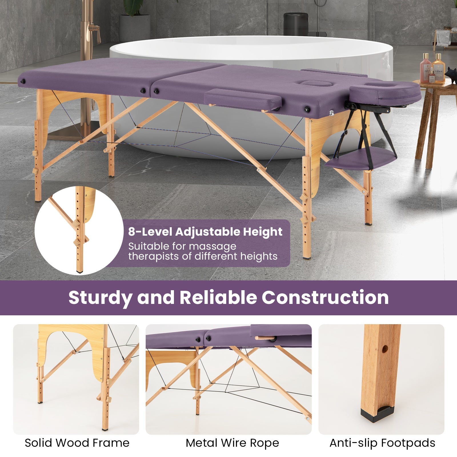 84 Inch Foldable Massage Table with Carrying Bag and Height Adjustable, Purple Spa & Salon   at Gallery Canada