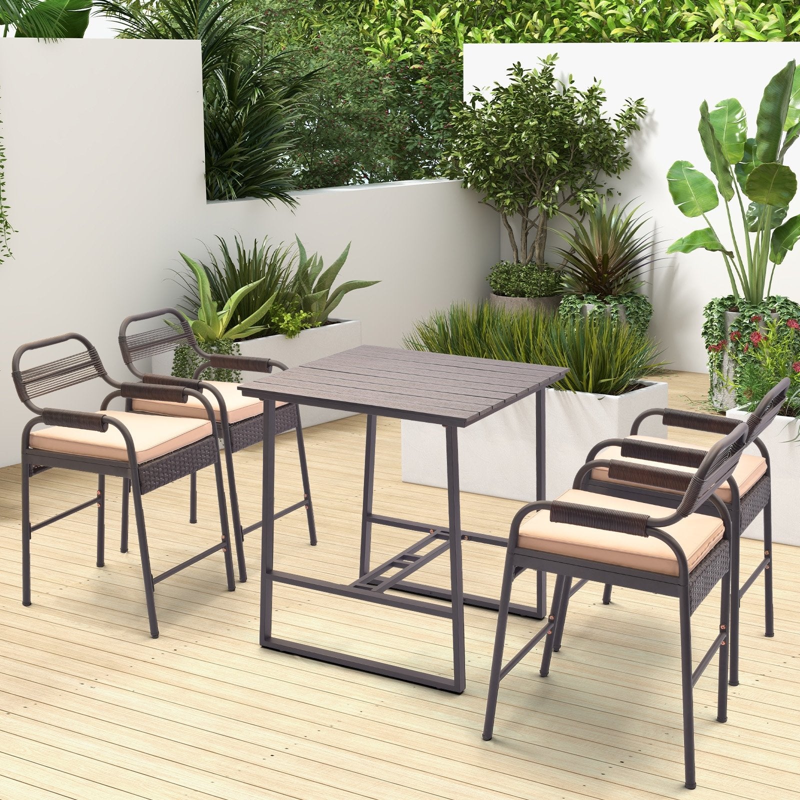 5 Piece Rattan Counter Set with 4 Stools and Polywood Bar Table, Brown Patio Bar Furniture   at Gallery Canada