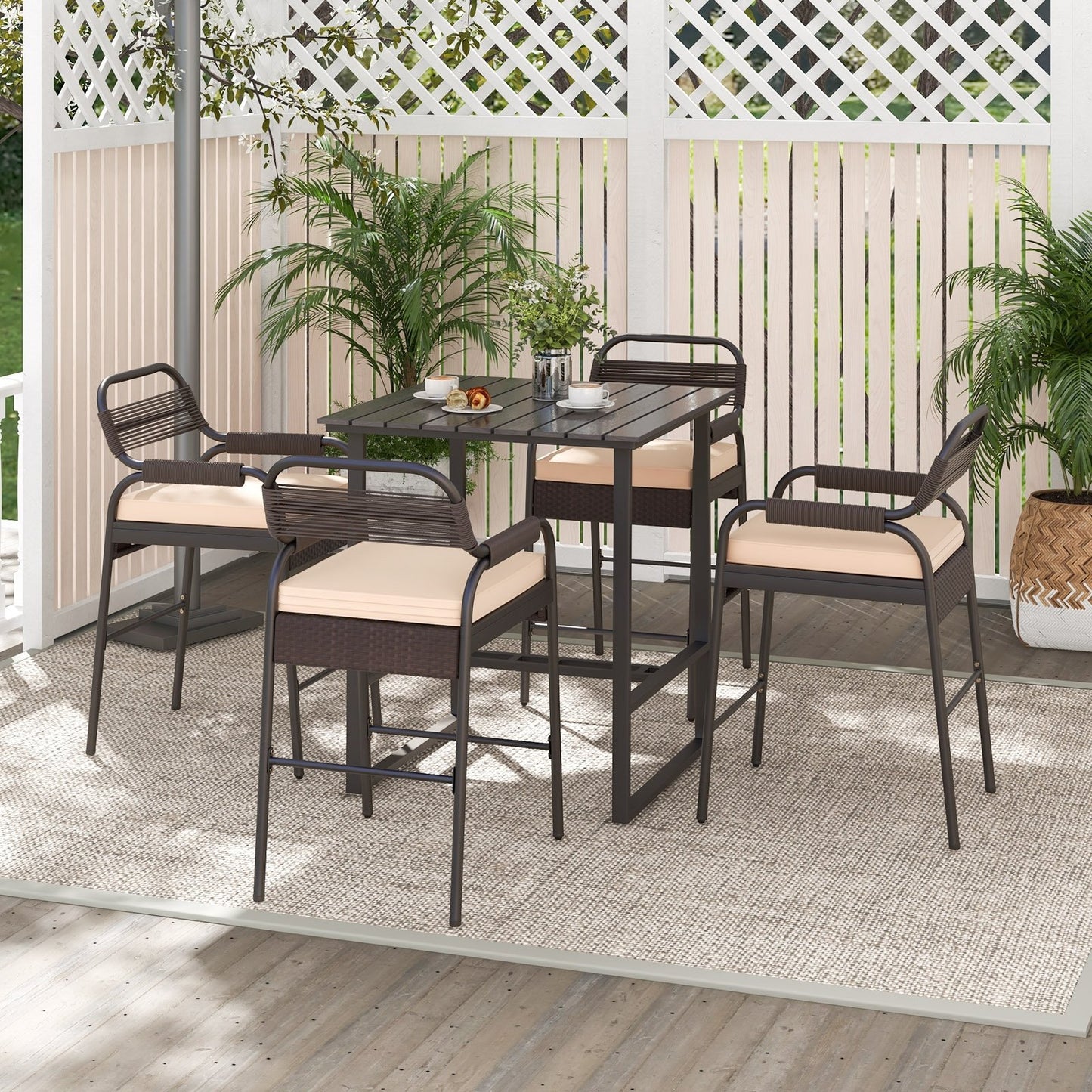 5 Piece Rattan Counter Set with 4 Stools and Polywood Bar Table, Brown Patio Bar Furniture   at Gallery Canada