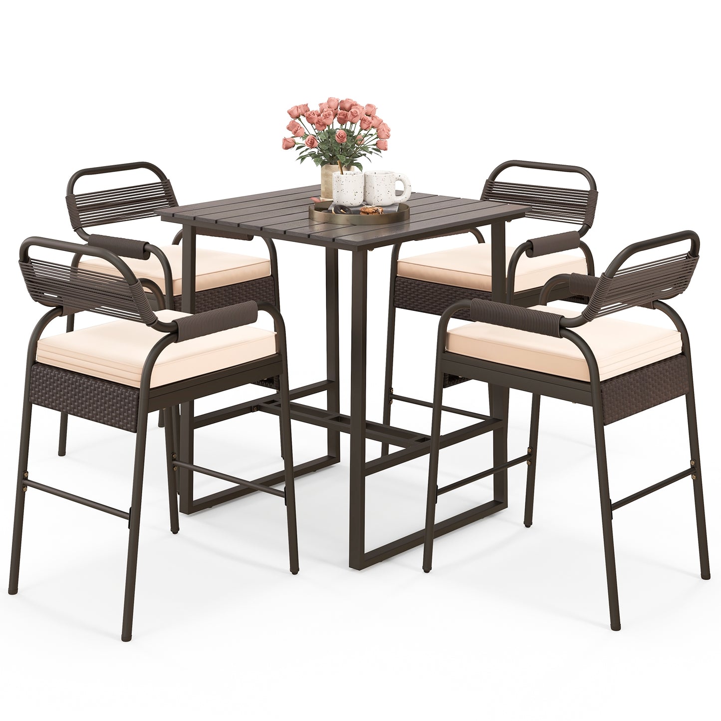 5 Piece Rattan Counter Set with 4 Stools and Polywood Bar Table, Brown Patio Bar Furniture   at Gallery Canada