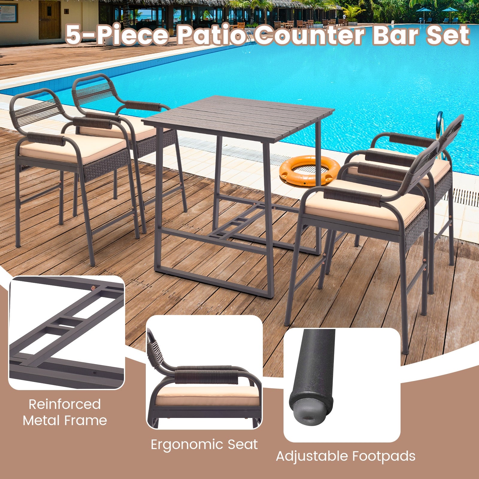 5 Piece Rattan Counter Set with 4 Stools and Polywood Bar Table, Brown Patio Bar Furniture   at Gallery Canada