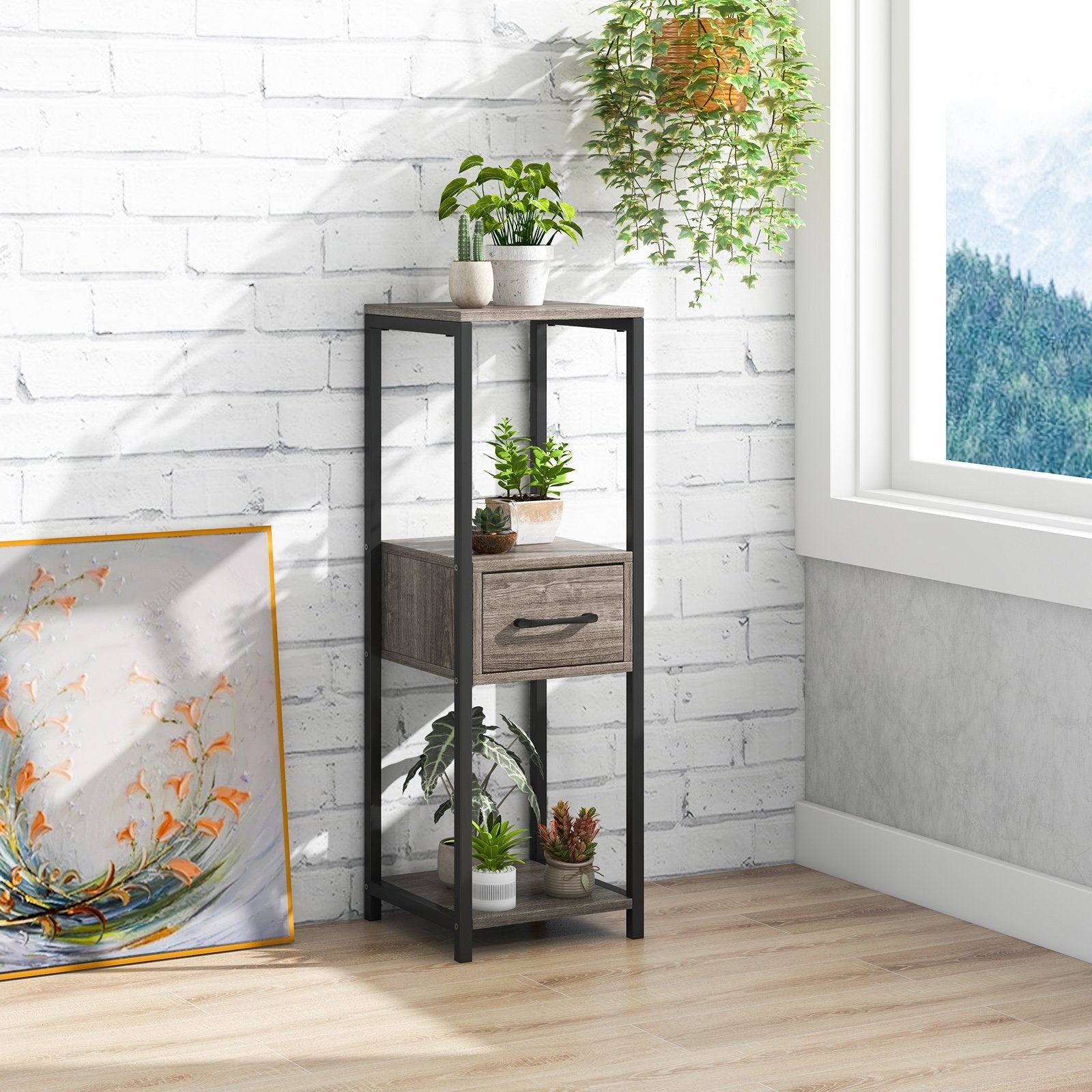 3 Tier Tall Metal Plant Stand with Drawer for Balcony Office, Gray Plant Stands   at Gallery Canada