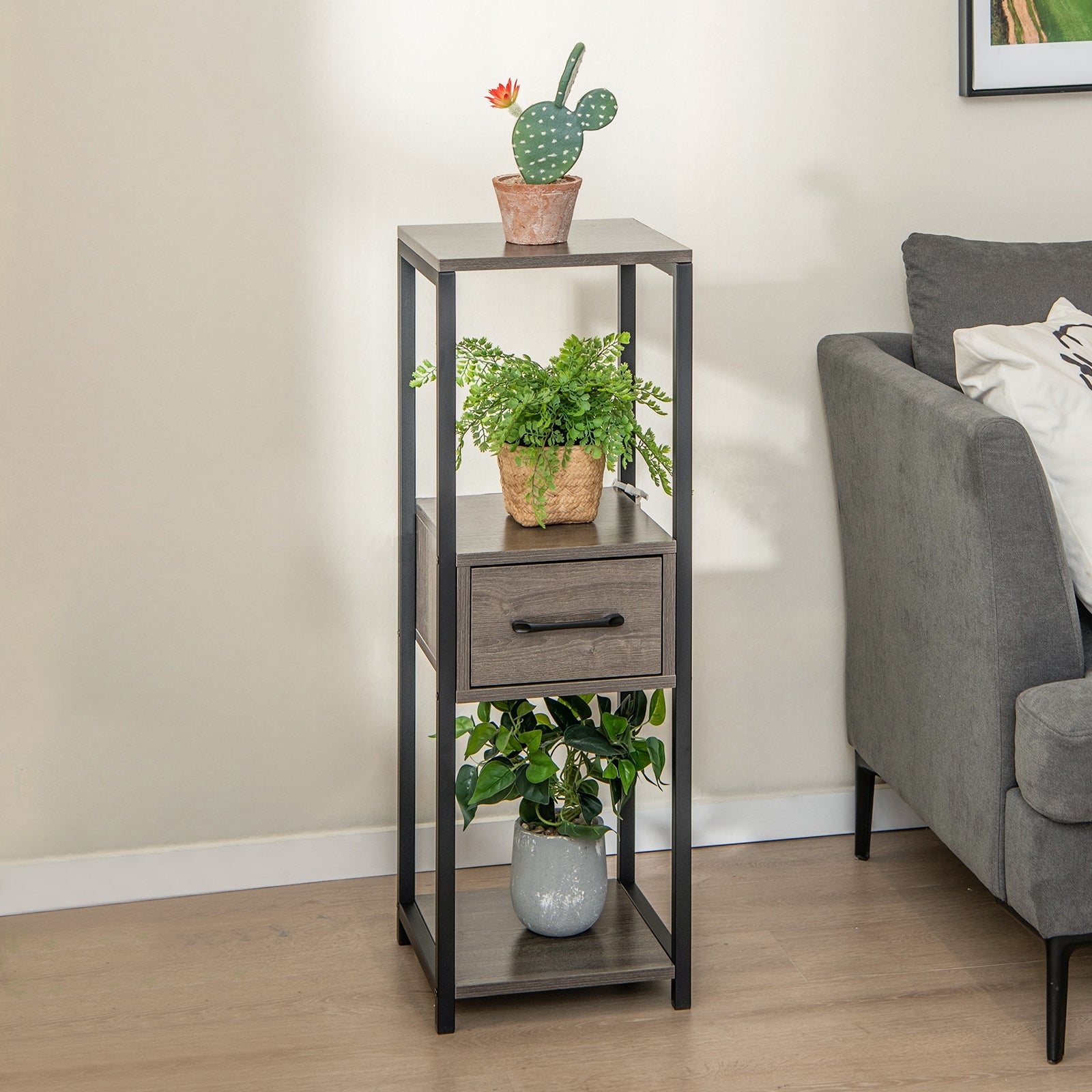 3 Tier Tall Metal Plant Stand with Drawer for Balcony Office, Gray Plant Stands   at Gallery Canada