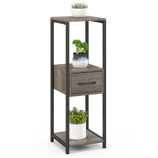 3 Tier Tall Metal Plant Stand with Drawer for Balcony Office, Gray Plant Stands Gray  at Gallery Canada