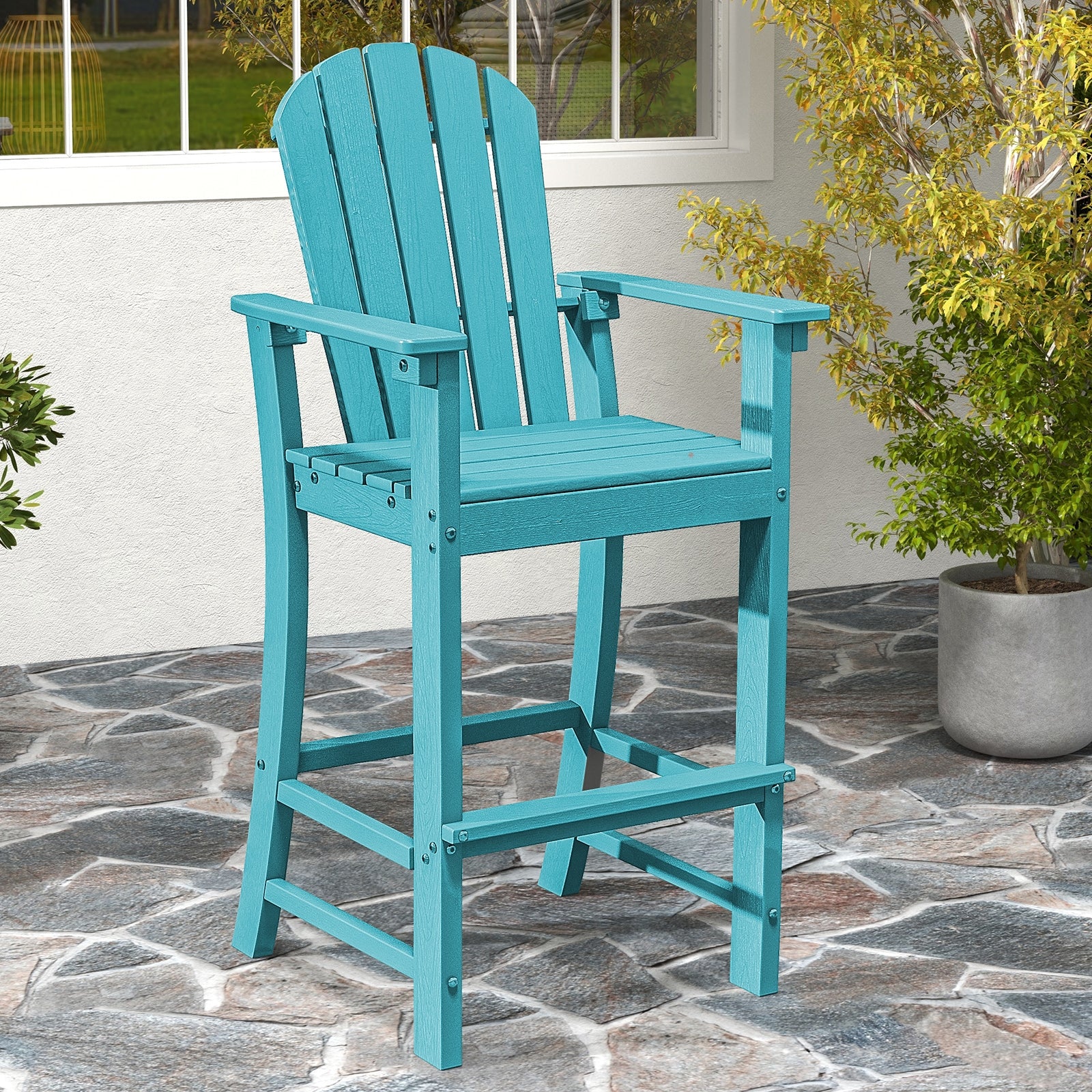 30 Inches Counter Height Outdoor HDPE Bar Stool with Armrests and Footrest, Turquoise Patio Bar Furniture   at Gallery Canada