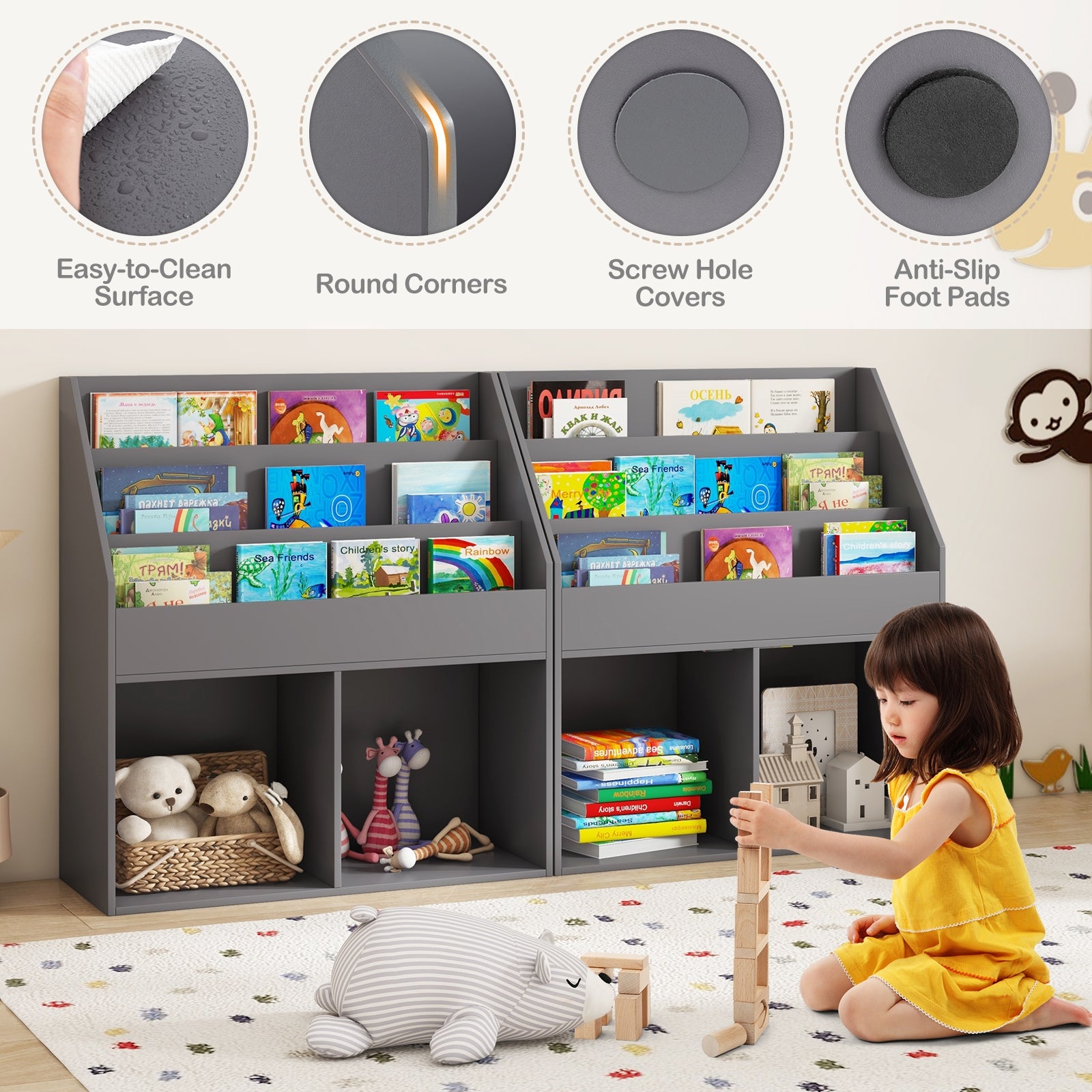 Kids Wooden Bookshelf Bookcase Children Toy Storage Cabinet Organizer, Gray Kids Storage   at Gallery Canada