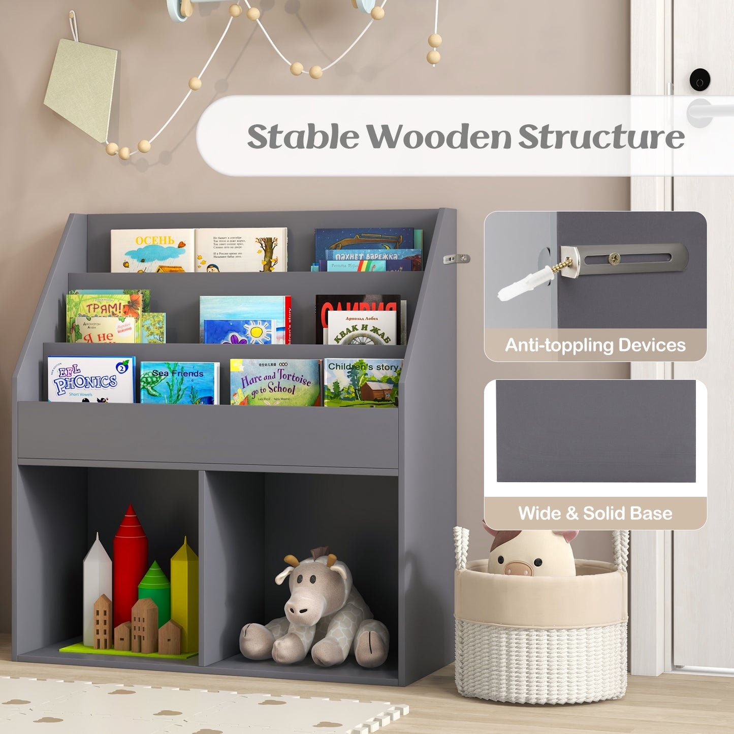 Kids Wooden Bookshelf Bookcase Children Toy Storage Cabinet Organizer, Gray Kids Storage   at Gallery Canada