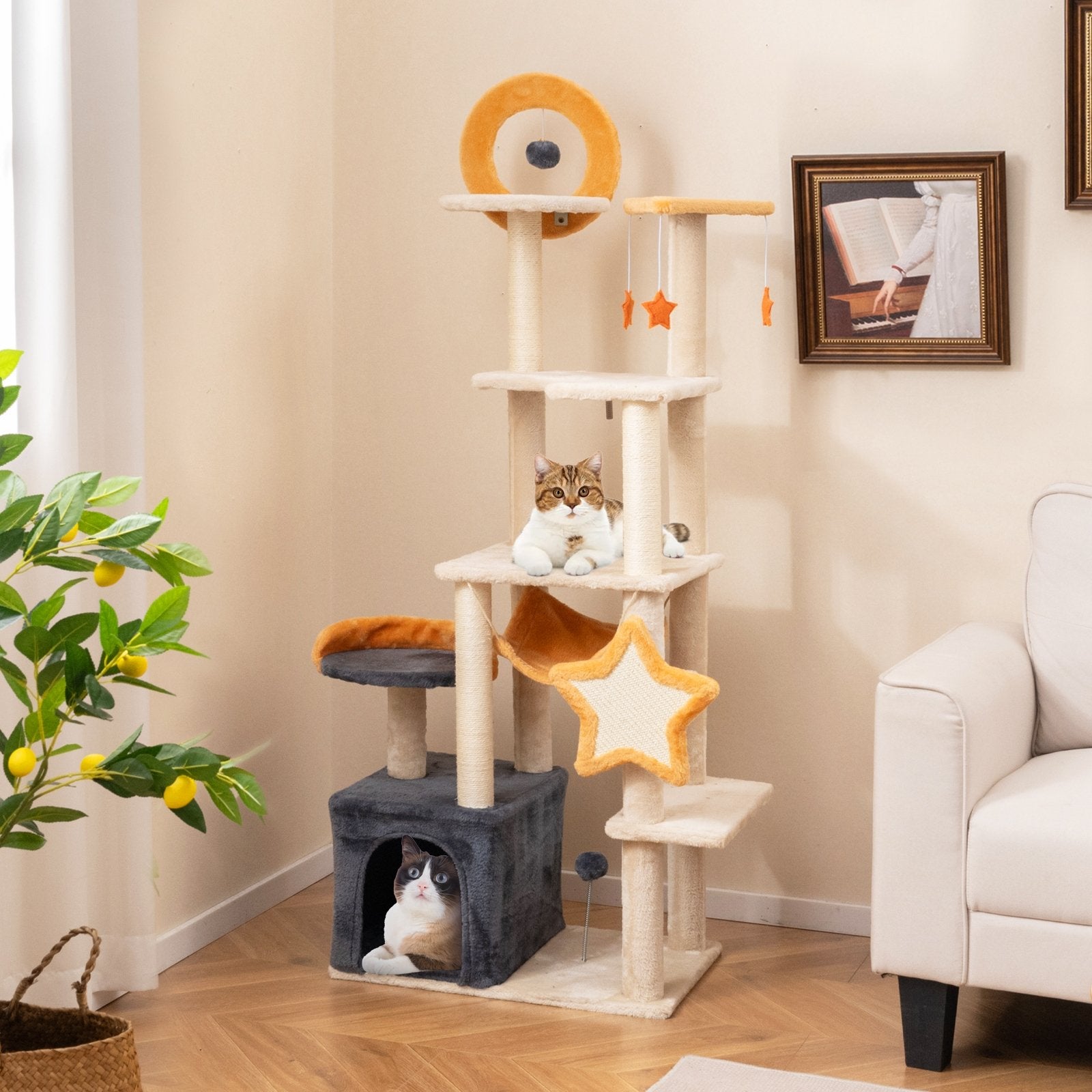 63 Inch Multi-level Cat Tower with Scratching Board and Toys, Beige Cat Trees Condos & Scratchers   at Gallery Canada