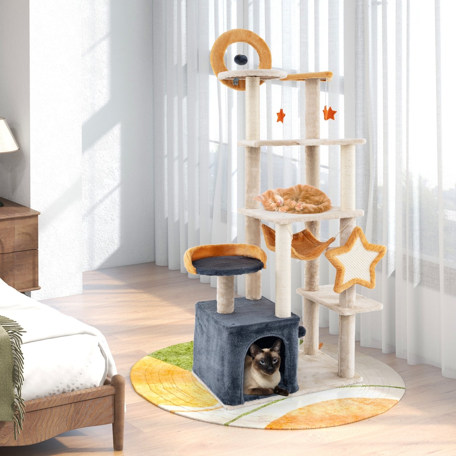 63 Inch Multi-level Cat Tower with Scratching Board and Toys, Beige Cat Trees Condos & Scratchers   at Gallery Canada