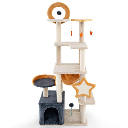 63 Inch Multi-level Cat Tower with Scratching Board and Toys, Beige Cat Trees Condos & Scratchers Beige  at Gallery Canada