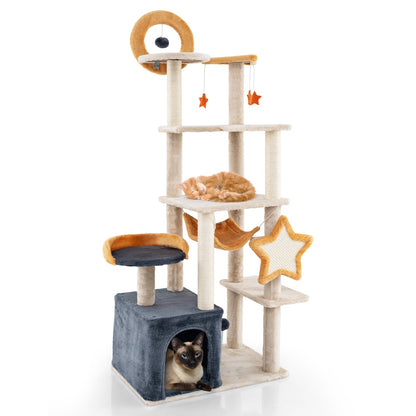 63 Inch Multi-level Cat Tower with Scratching Board and Toys, Beige Cat Trees Condos & Scratchers   at Gallery Canada