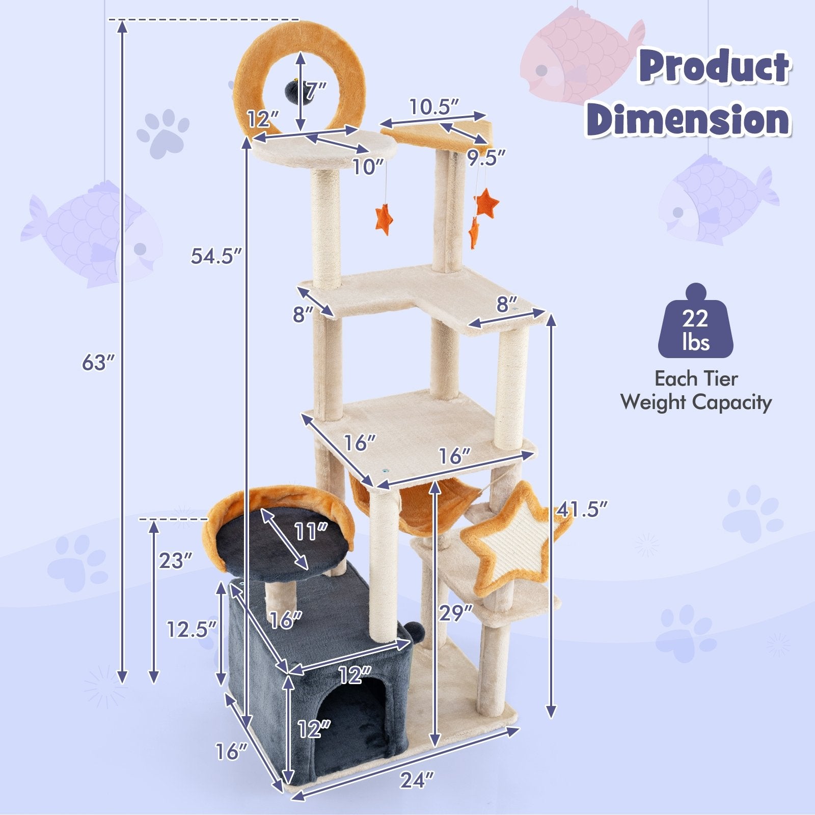 63 Inch Multi-level Cat Tower with Scratching Board and Toys, Beige Cat Trees Condos & Scratchers   at Gallery Canada