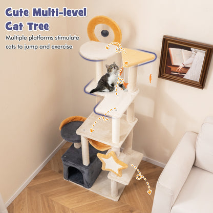 63 Inch Multi-level Cat Tower with Scratching Board and Toys, Beige Cat Trees Condos & Scratchers   at Gallery Canada