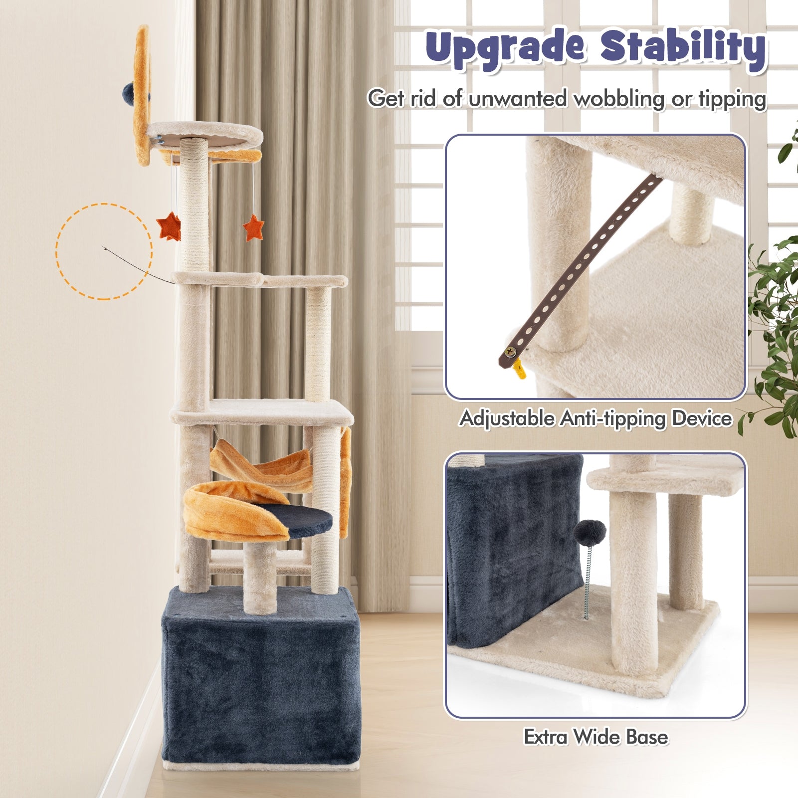 63 Inch Multi-level Cat Tower with Scratching Board and Toys, Beige Cat Trees Condos & Scratchers   at Gallery Canada