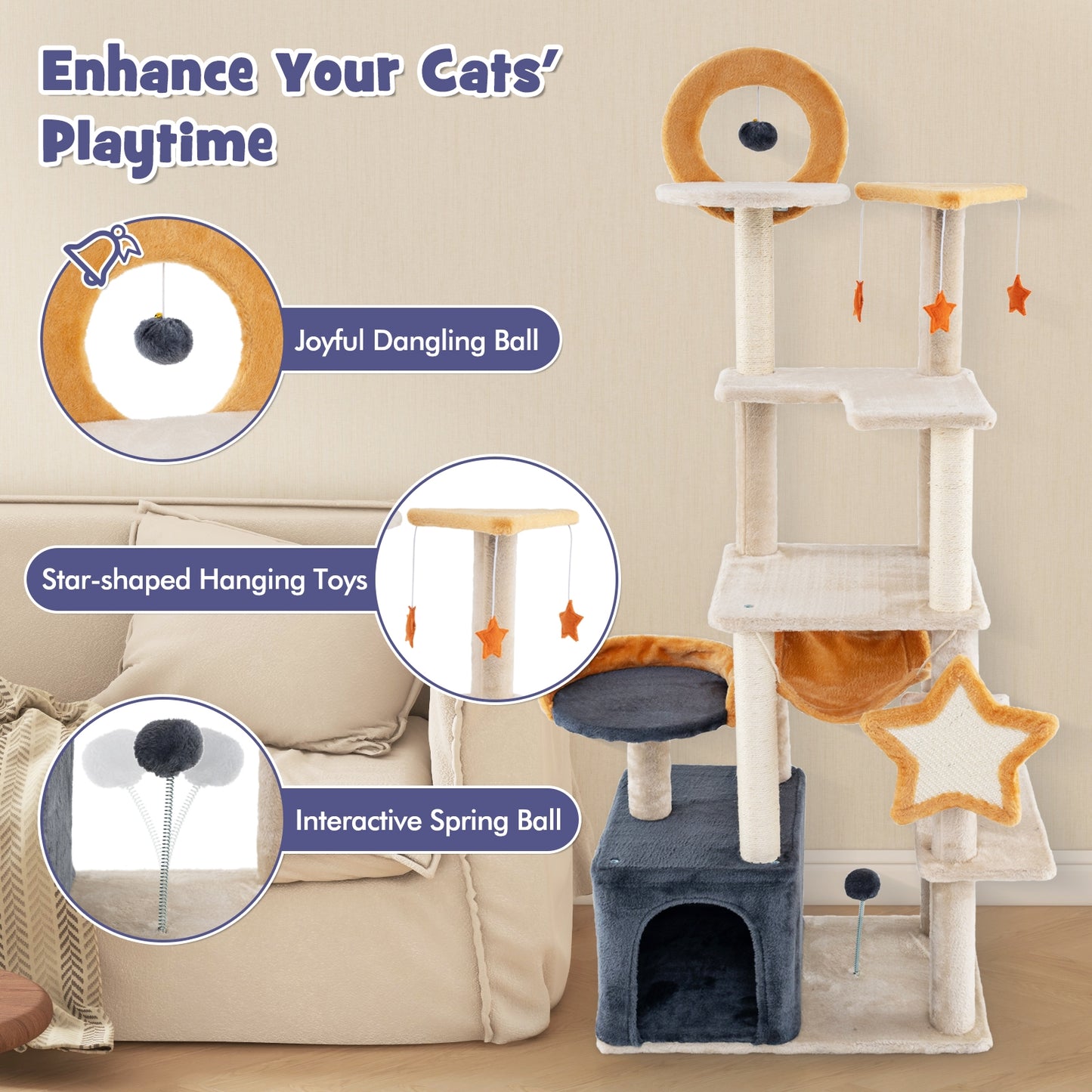 63 Inch Multi-level Cat Tower with Scratching Board and Toys, Beige Cat Trees Condos & Scratchers   at Gallery Canada