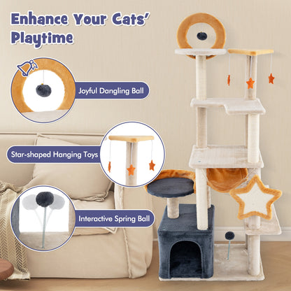 63 Inch Multi-level Cat Tower with Scratching Board and Toys, Beige Cat Trees Condos & Scratchers   at Gallery Canada