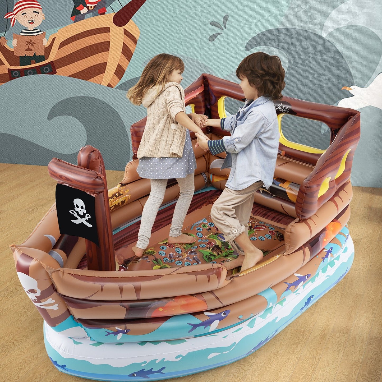 Inflatable Pirate Ship Playhouse with Built-in Motor and Inflatable Toy Sword, Brown Play Tents & Playhouse   at Gallery Canada