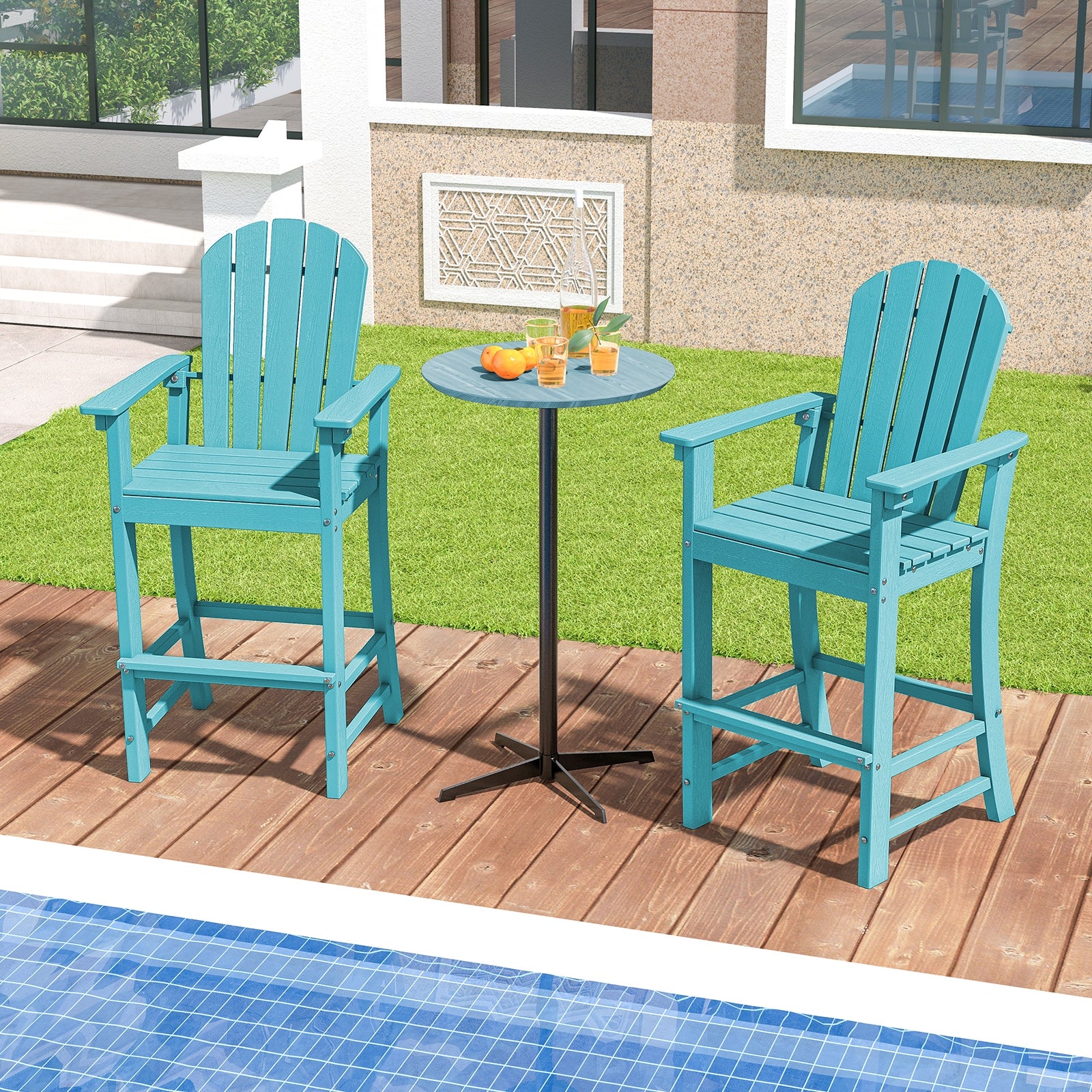 30 Inches Counter Height Outdoor HDPE Bar Stool with Armrests and Footrest, Turquoise Patio Bar Furniture   at Gallery Canada