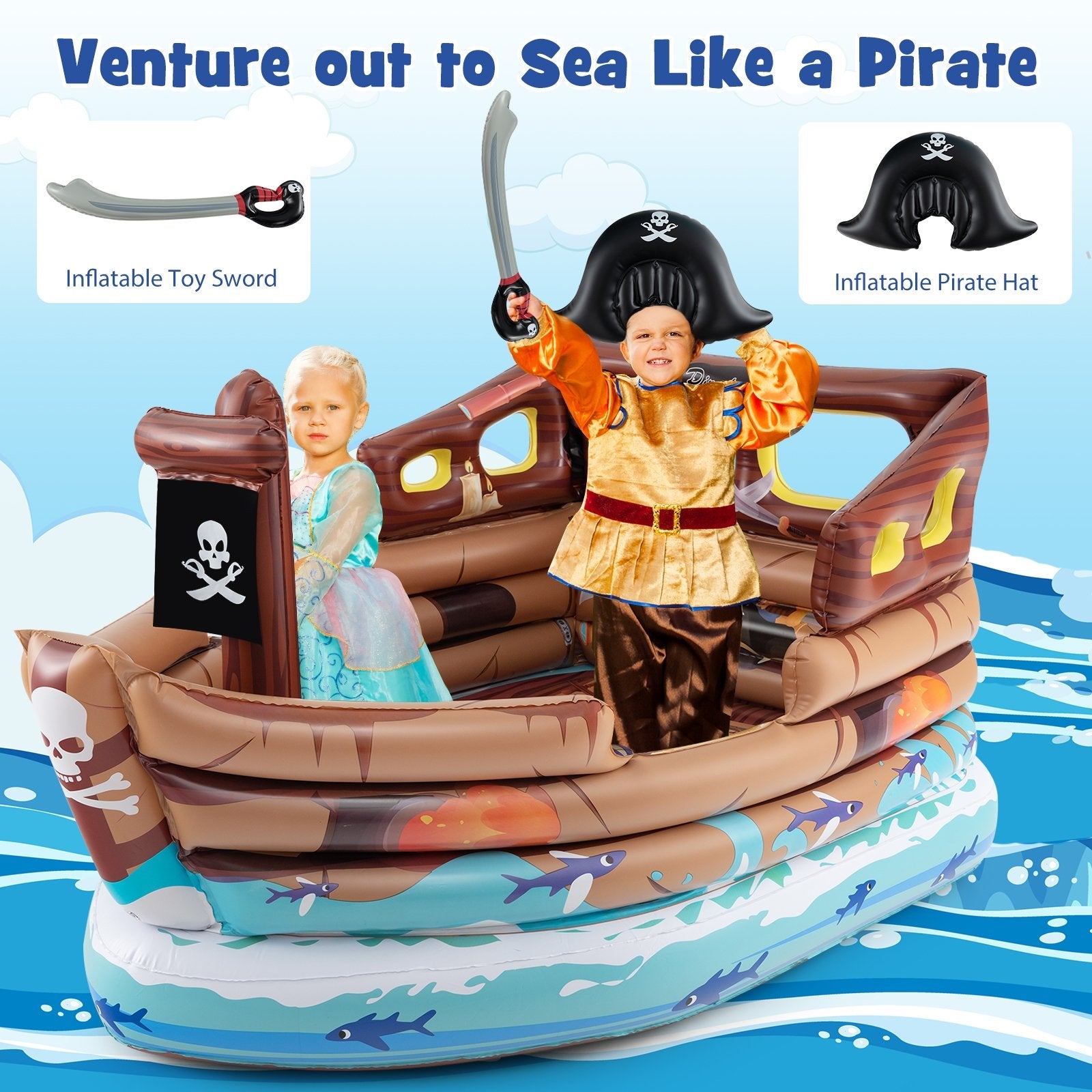 Inflatable Pirate Ship Playhouse with Built-in Motor and Inflatable Toy Sword, Brown Play Tents & Playhouse   at Gallery Canada