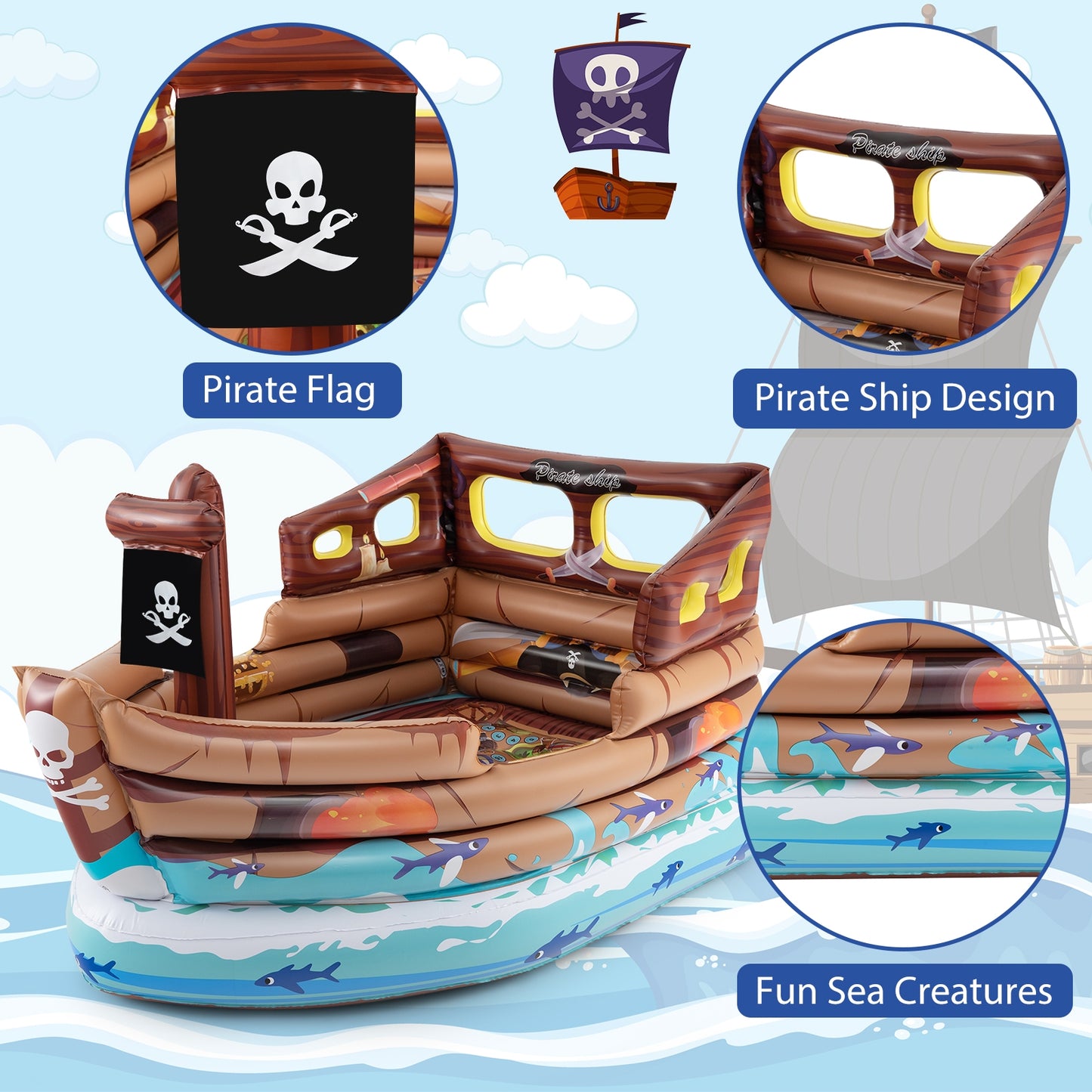 Inflatable Pirate Ship Playhouse with Built-in Motor and Inflatable Toy Sword, Brown Play Tents & Playhouse   at Gallery Canada