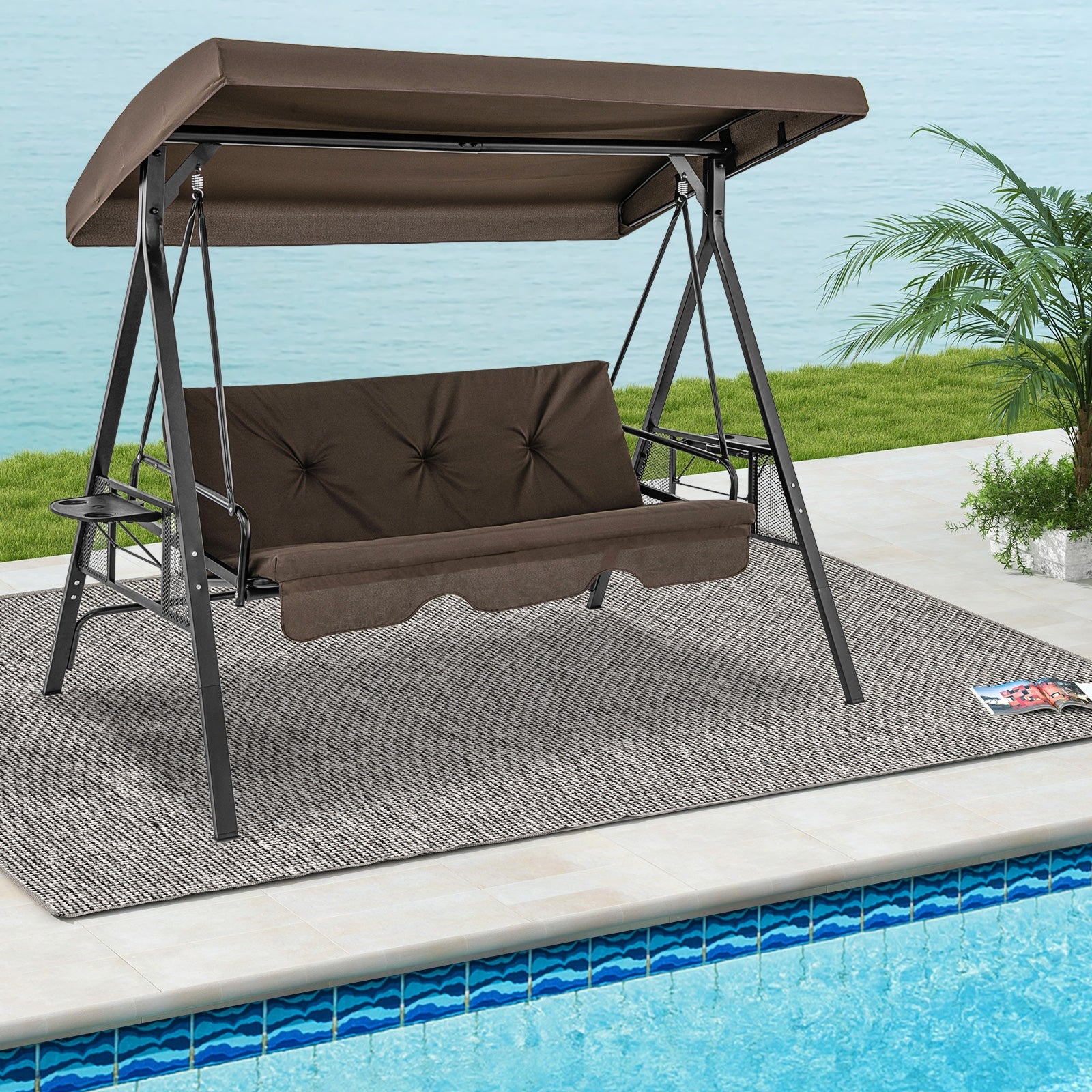 Convertible 3-Seat Patio Porch Swing Chair to Flat Bed with Adjustable Canopy, Brown Porch Swings   at Gallery Canada