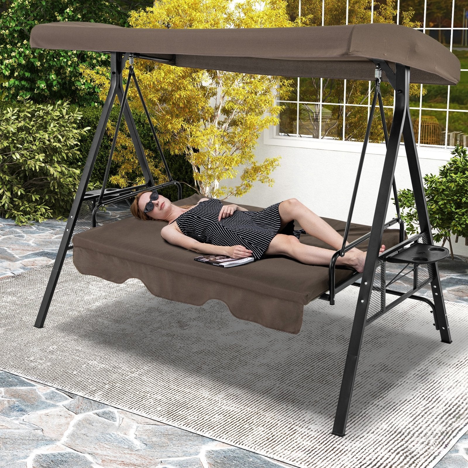 Convertible 3-Seat Patio Porch Swing Chair to Flat Bed with Adjustable Canopy, Brown Porch Swings   at Gallery Canada