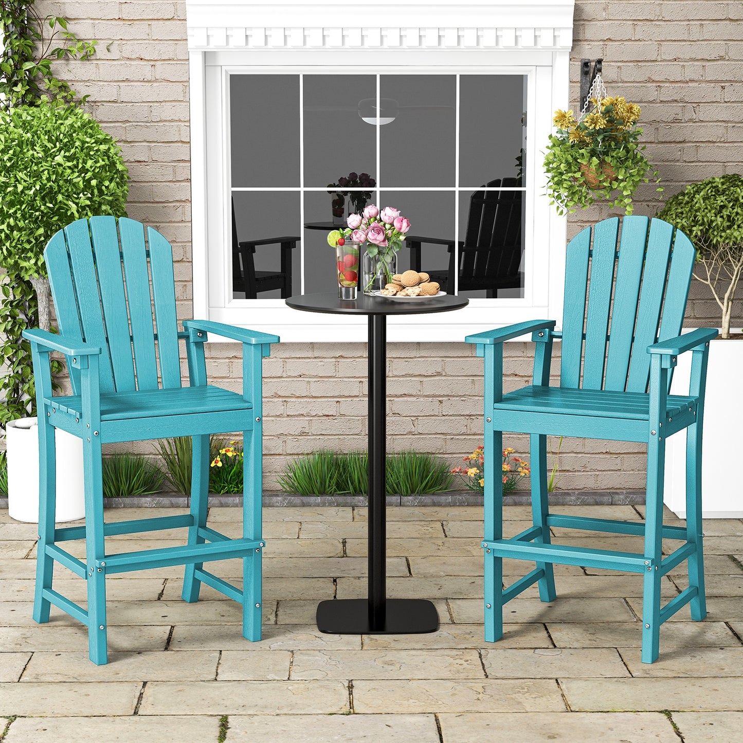 30 Inches Counter Height Outdoor HDPE Bar Stool with Armrests and Footrest, Turquoise Patio Bar Furniture   at Gallery Canada