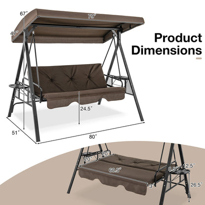 Convertible 3-Seat Patio Porch Swing Chair to Flat Bed with Adjustable Canopy, Brown Porch Swings   at Gallery Canada