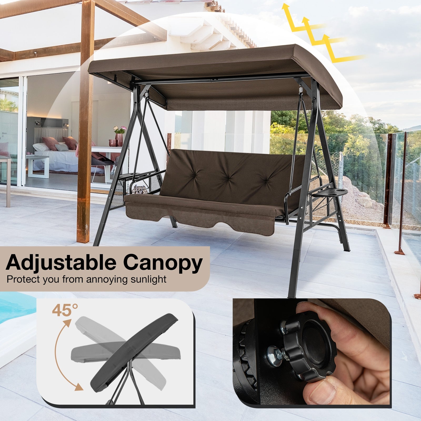 Convertible 3-Seat Patio Porch Swing Chair to Flat Bed with Adjustable Canopy, Brown Porch Swings   at Gallery Canada