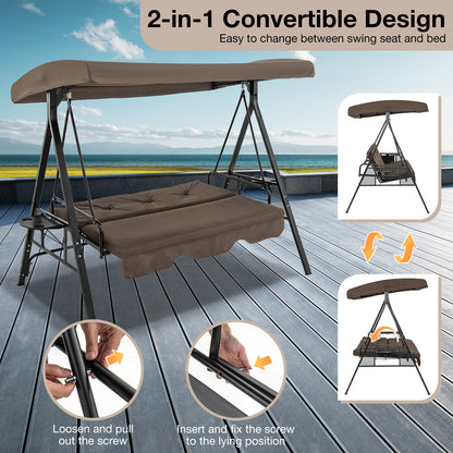 Convertible 3-Seat Patio Porch Swing Chair to Flat Bed with Adjustable Canopy, Brown Porch Swings   at Gallery Canada