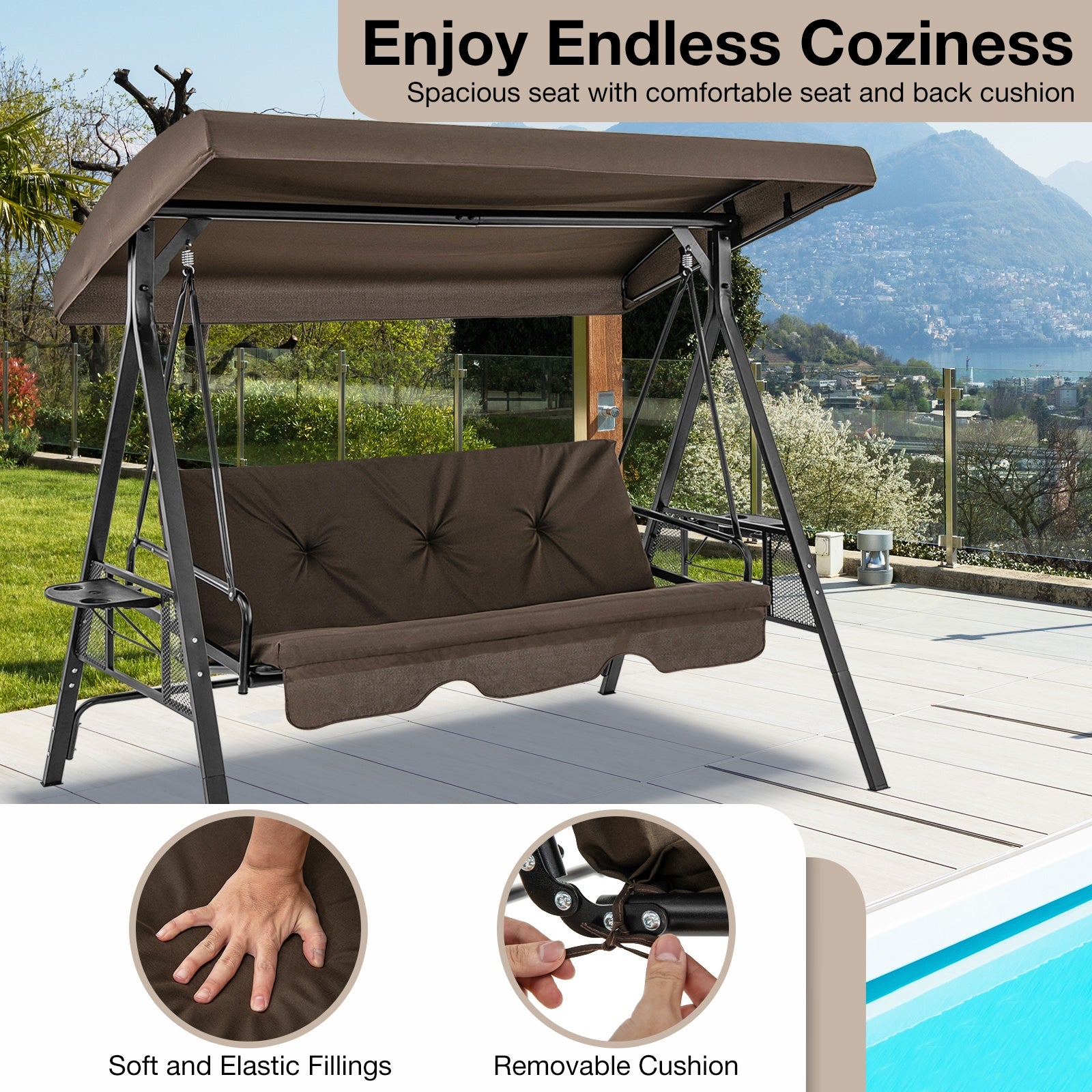 Convertible 3-Seat Patio Porch Swing Chair to Flat Bed with Adjustable Canopy, Brown Porch Swings   at Gallery Canada