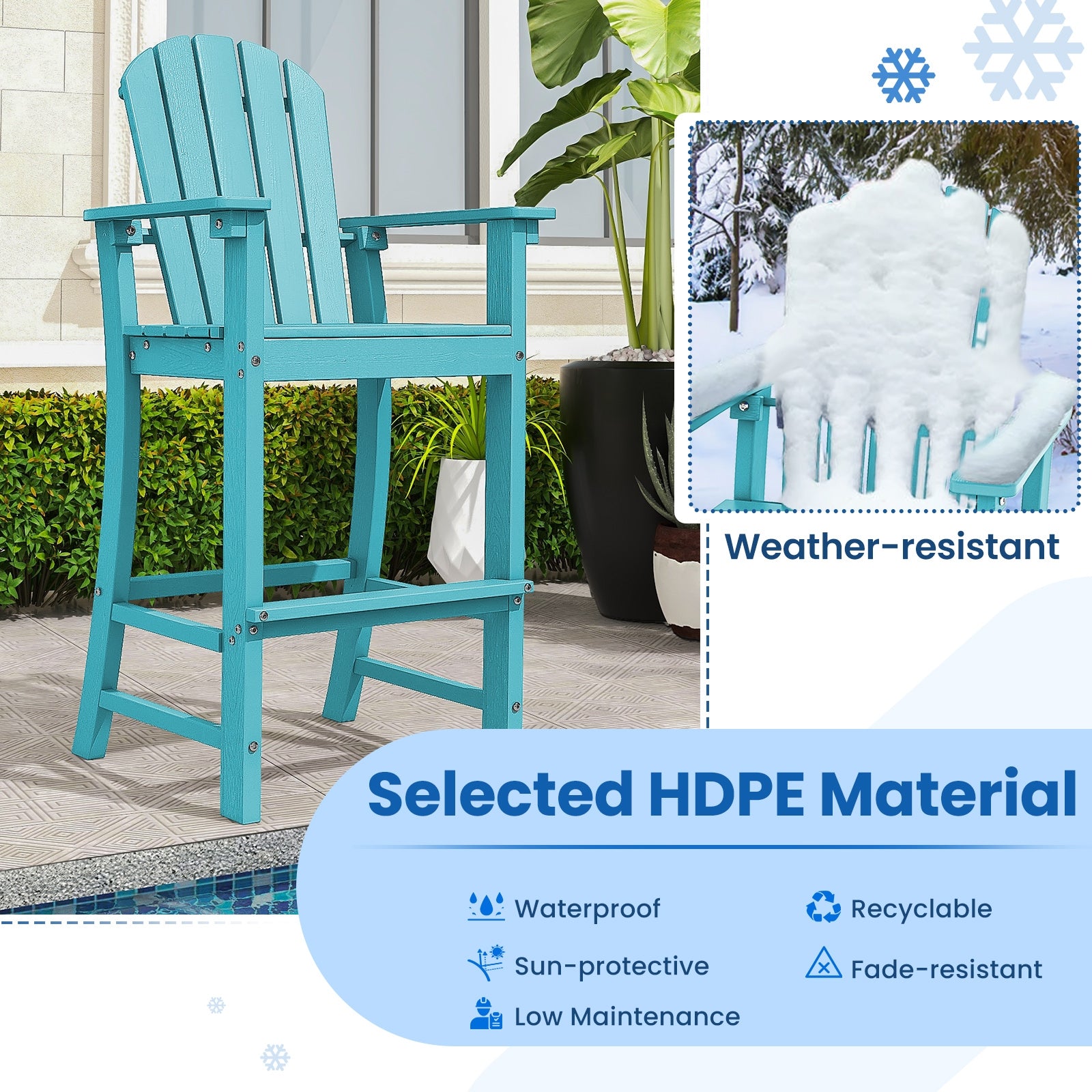 30 Inches Counter Height Outdoor HDPE Bar Stool with Armrests and Footrest, Turquoise Patio Bar Furniture   at Gallery Canada