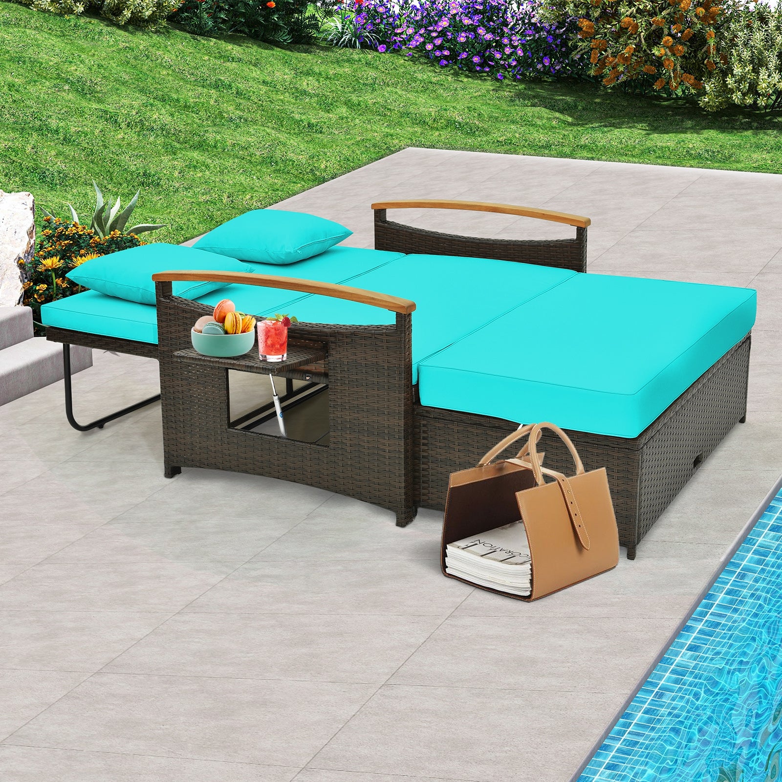 Outdoor Wicker Daybed with Folding Panels and Storage Ottoman, Green Outdoor Seating & Patio Chairs   at Gallery Canada