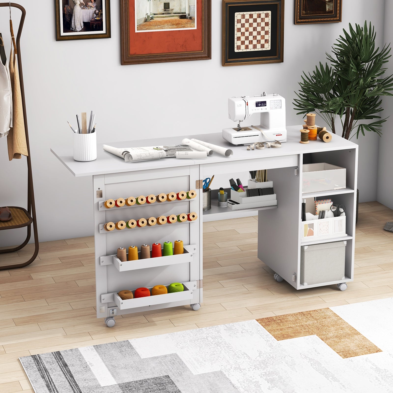 Multifunctional Folding Sewing Machine Craft Station with Storage Shelves, White Sewing Tables   at Gallery Canada