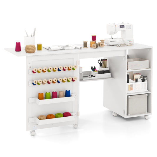 Multifunctional Folding Sewing Machine Craft Station with Storage Shelves, White Sewing Tables White  at Gallery Canada