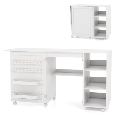 Multifunctional Folding Sewing Machine Craft Station with Storage Shelves, White Sewing Tables   at Gallery Canada