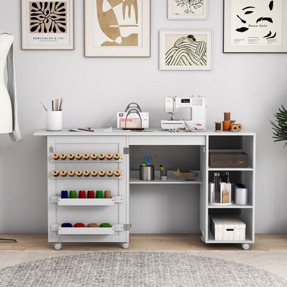 Multifunctional Folding Sewing Machine Craft Station with Storage Shelves, White Sewing Tables   at Gallery Canada