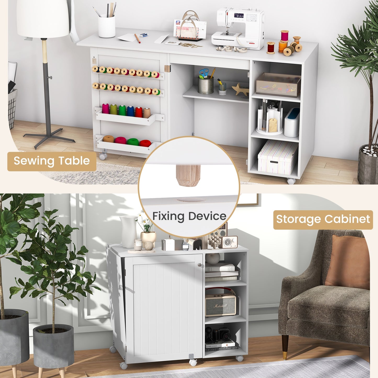 Multifunctional Folding Sewing Machine Craft Station with Storage Shelves, White Sewing Tables   at Gallery Canada