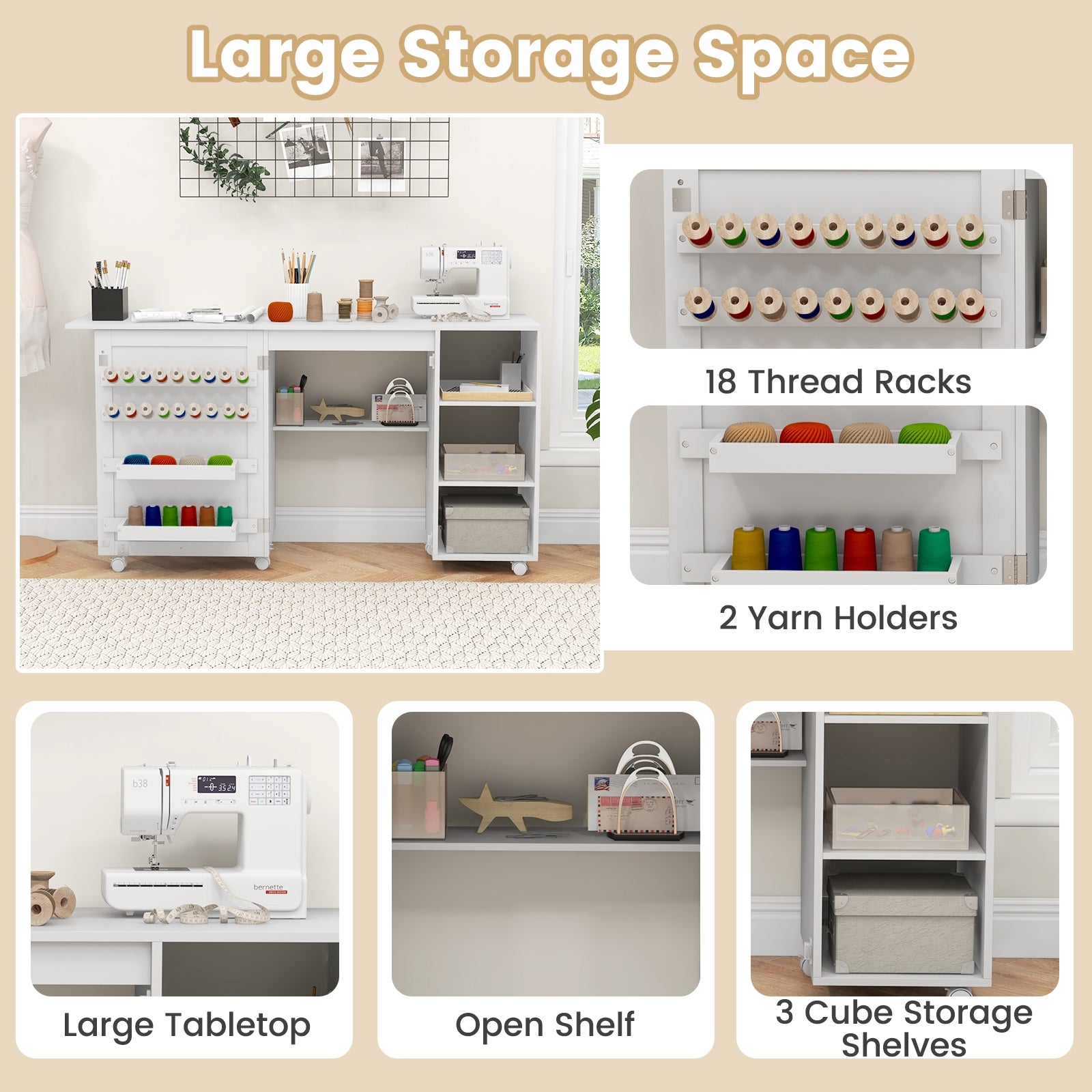 Multifunctional Folding Sewing Machine Craft Station with Storage Shelves, White Sewing Tables   at Gallery Canada