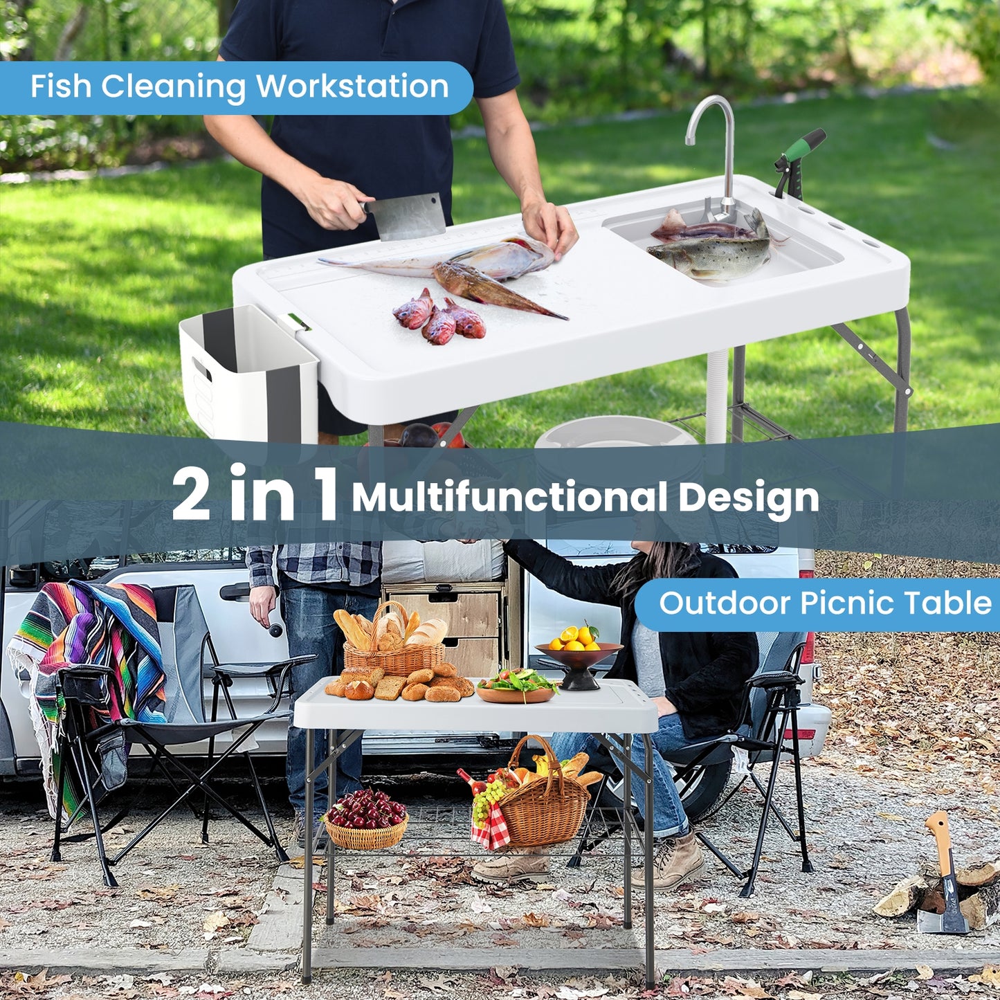 2 in 1 Folding Fish Cleaning Table with Sink and Faucet for Patio BBQ Camping Furniture   at Gallery Canada