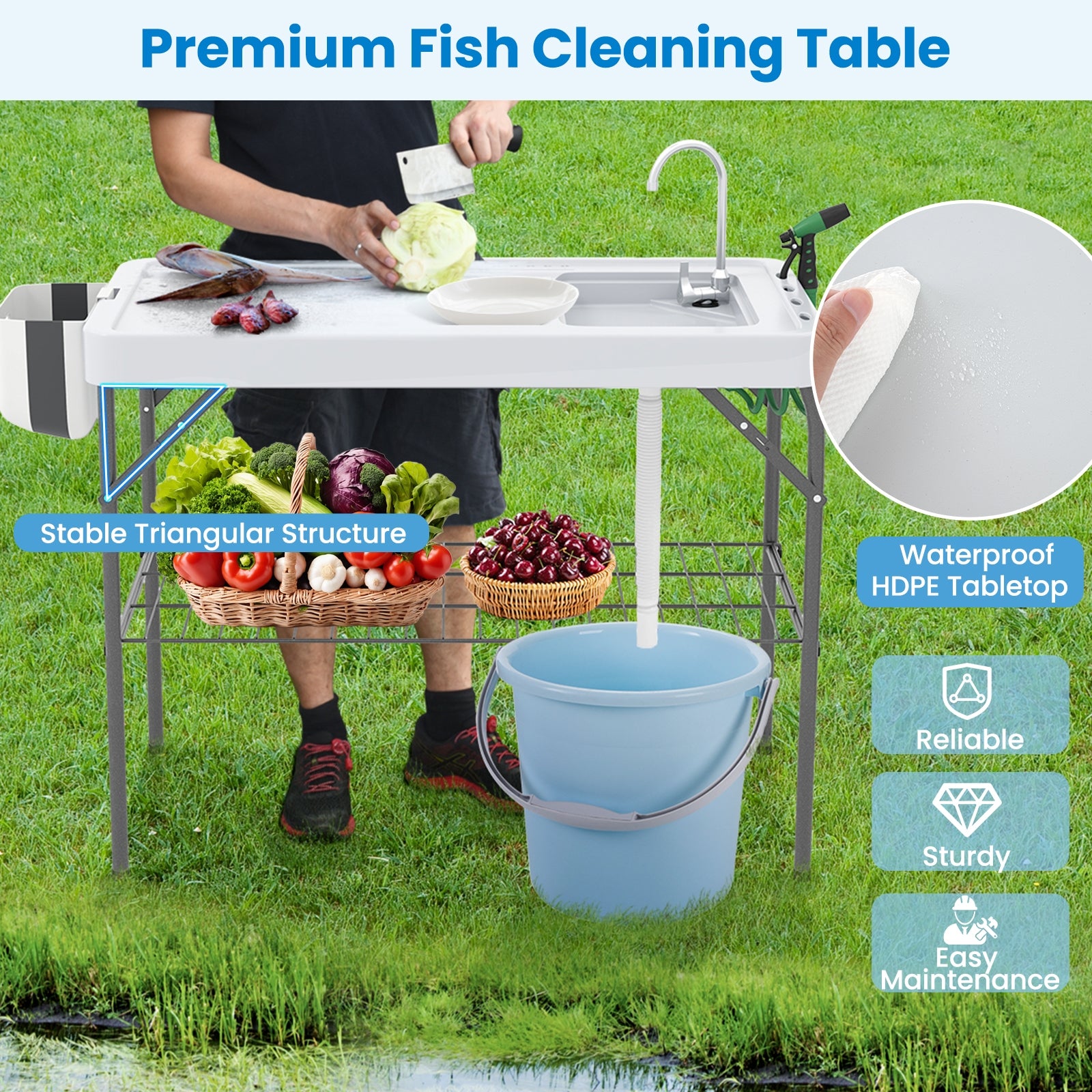 2 in 1 Folding Fish Cleaning Table with Sink and Faucet for Patio BBQ Camping Furniture   at Gallery Canada