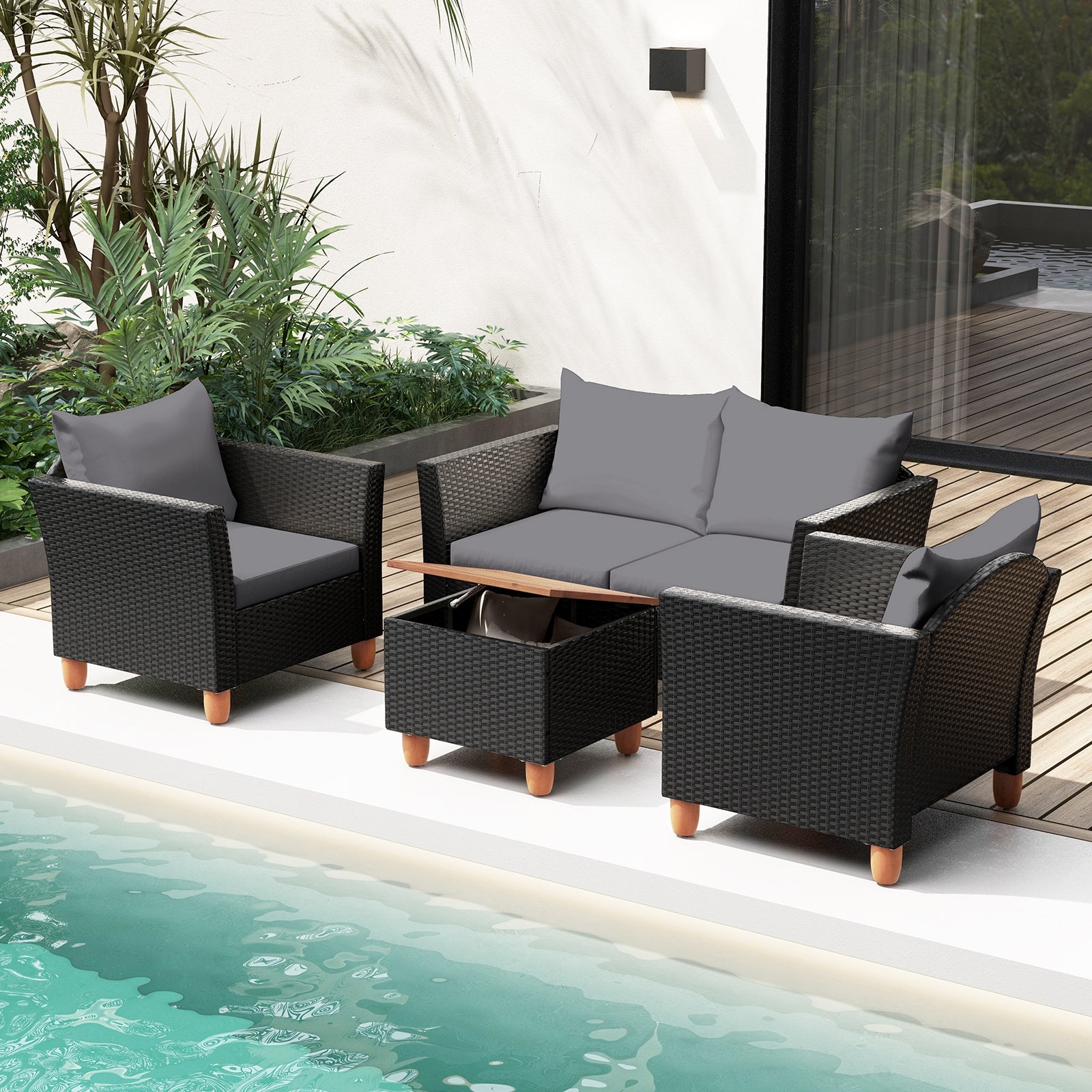 4 Pieces Outdoor Conversation Set with Storage Coffee Table, Gray Patio Conversation Sets   at Gallery Canada