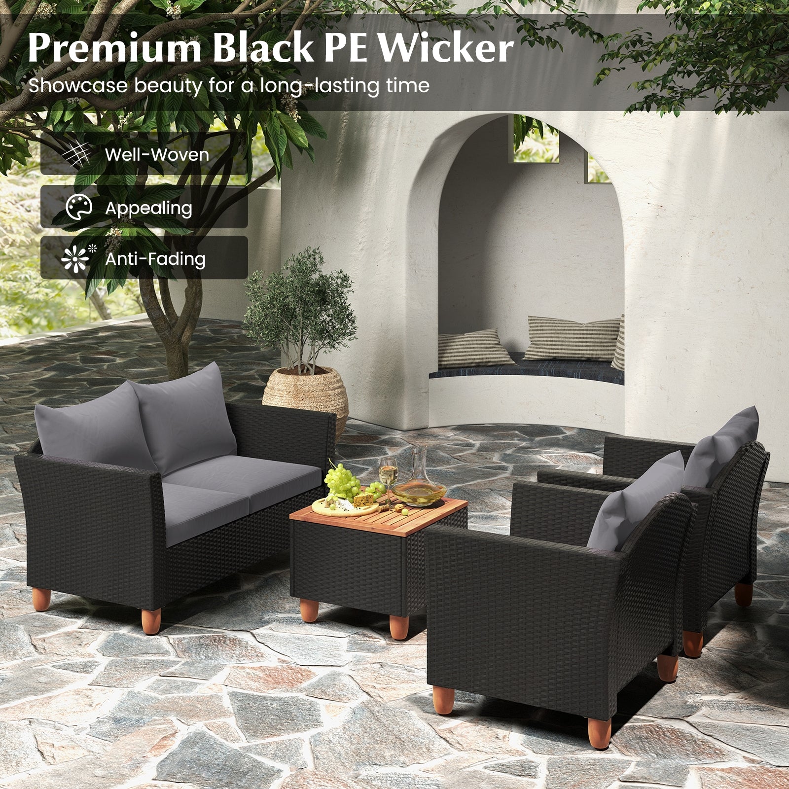 4 Pieces Outdoor Conversation Set with Storage Coffee Table, Gray Patio Conversation Sets   at Gallery Canada