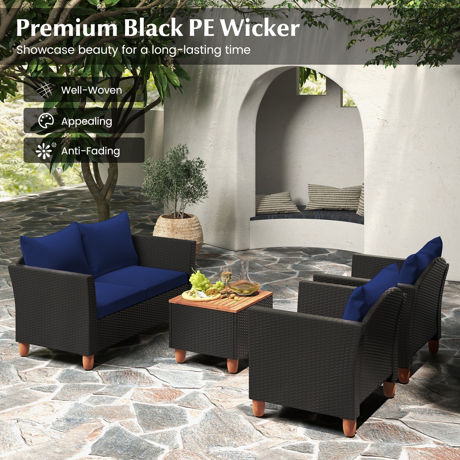 4 Pieces Outdoor Conversation Set with Storage Coffee Table, Navy Patio Conversation Sets   at Gallery Canada