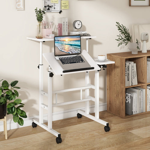 Mobile Stand-up Computer Desk Adjustable with 2 Tilting Desktops, White