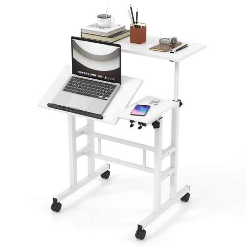 Mobile Stand-up Computer Desk Adjustable with 2 Tilting Desktops, White