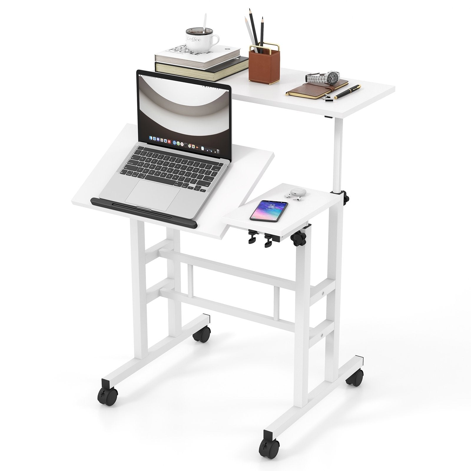 Mobile Stand-up Computer Desk Adjustable with 2 Tilting Desktops, White Laptop Tables & Printer Stands White at Gallery Canada