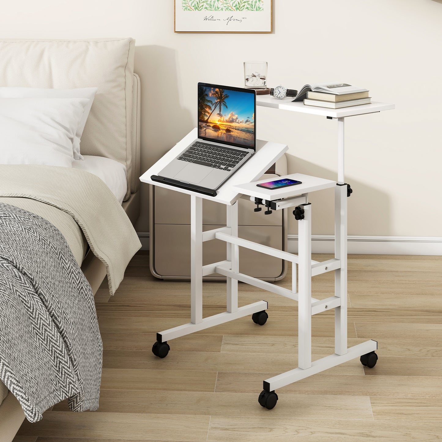 Mobile Stand-up Computer Desk Adjustable with 2 Tilting Desktops, White Laptop Tables & Printer Stands   at Gallery Canada