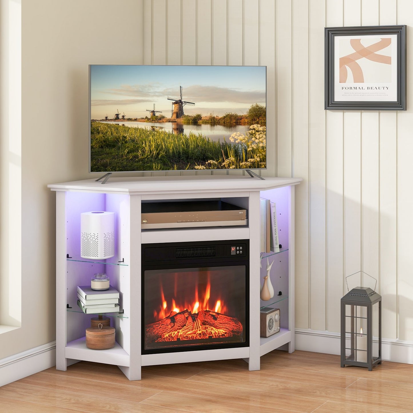 Fireplace Corner TV Stand with LED Lights and Smart APP Control for 50 Inches TV, White Entertainment Centers & TV Stands   at Gallery Canada