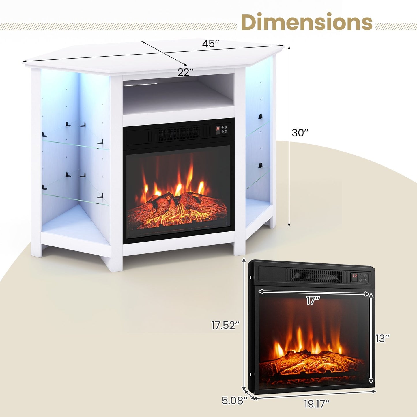 Fireplace Corner TV Stand with LED Lights and Smart APP Control for 50 Inches TV, White Entertainment Centers & TV Stands   at Gallery Canada